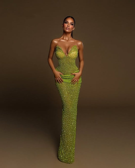 Glittering Sheath Strapless Sweet 16th Dresses Beading Green Prom Dress AP6363