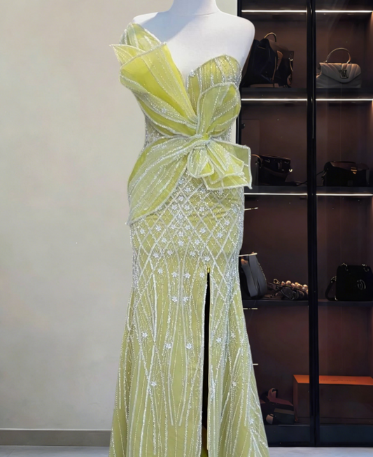 Modern Strapless High Slit Sweet 16th Mermaid Dresses Sequins Green Prom Dress AP6364
