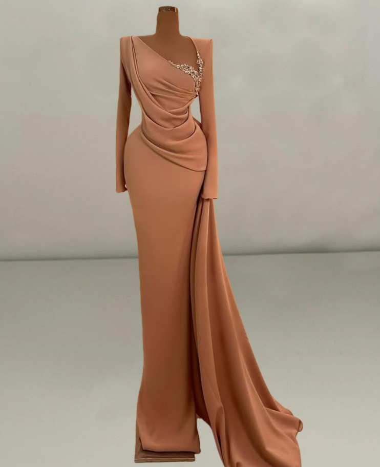 Pretty Asymmetric Neck Sheath Evening Dress Long Sleeve Rhinestones Prom Dress AP6365