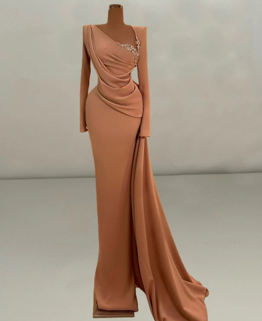 Pretty Asymmetric Neck Sheath Evening Dress Long Sleeve Rhinestones Prom Dress AP6365