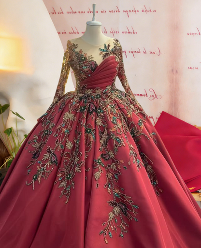 Maximalism Illusion Neck A-Line Long Sleeve Sweet 16th Dresses Sequins Appliques Prom Dress AP6367