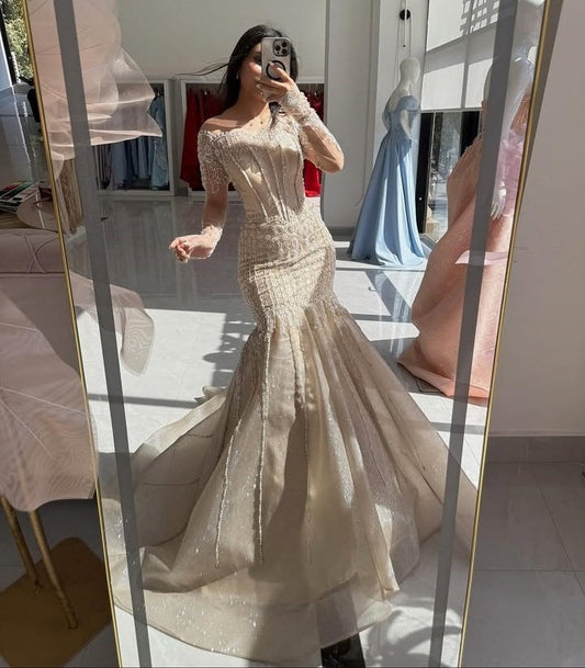 Delicate Illusion Neck Long Sleeve Evening Mermaid Dress Sequins Beading Prom Dress AP6369