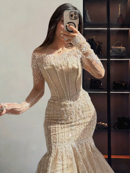 Delicate Illusion Neck Long Sleeve Evening Mermaid Dress Sequins Beading Prom Dress AP6369