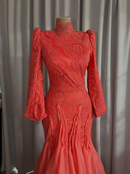 Hot Girls High Collar Long Sleeve Evening Mermaid Dress Appliques Lace Prom Dress AP6370