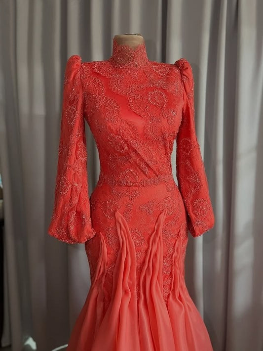 Hot Girls High Collar Long Sleeve Evening Mermaid Dress Appliques Lace Prom Dress AP6370