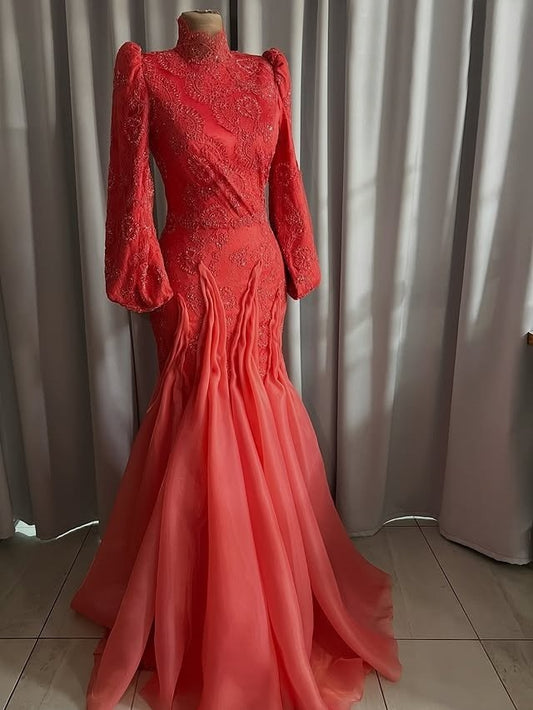 Hot Girls High Collar Long Sleeve Evening Mermaid Dress Appliques Lace Prom Dress AP6370