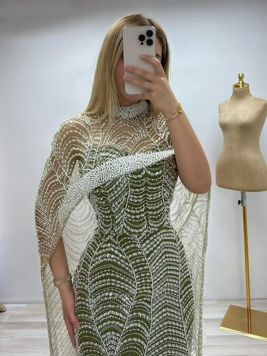 Casual Sheath High Collar Evening Dresses With Stole Beading Prom Dress AP6373