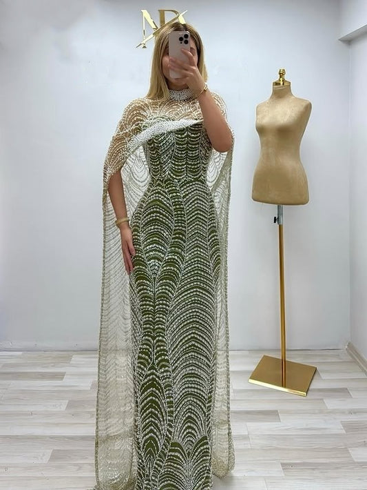 Casual Sheath High Collar Evening Dresses With Stole Beading Prom Dress AP6373