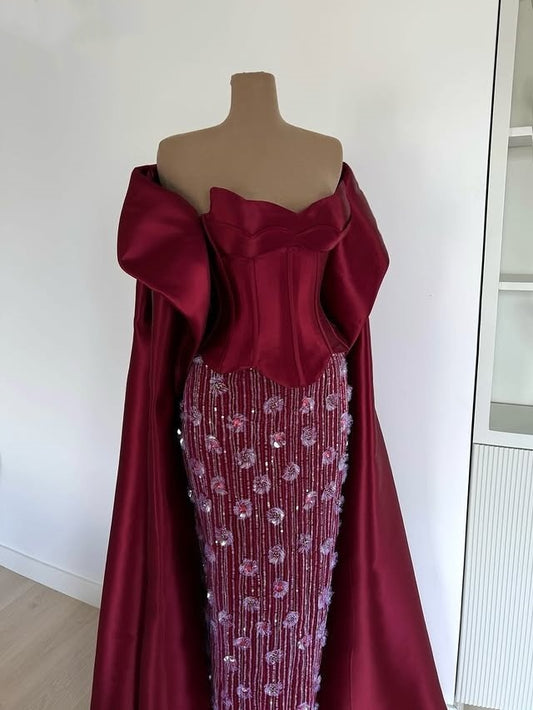 Y2K Style Sheath Strapless Satin Shawl Evening Dresses Sequins Appliques Prom Dress AP6374