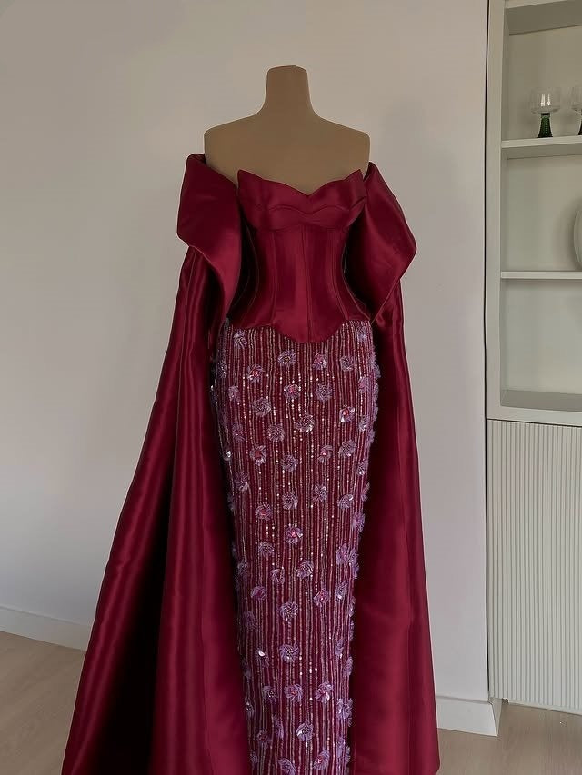 Y2K Style Sheath Strapless Satin Shawl Evening Dresses Sequins Appliques Prom Dress AP6374
