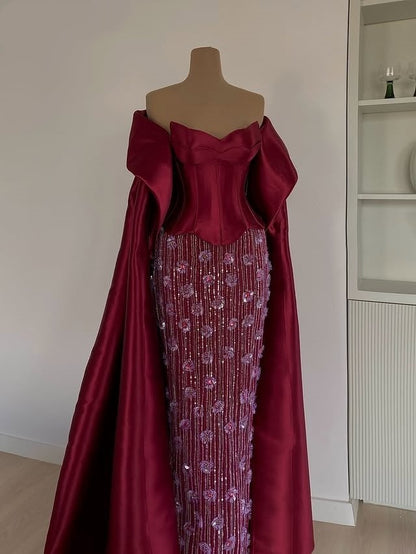 Y2K Style Sheath Strapless Satin Shawl Evening Dresses Sequins Appliques Prom Dress AP6374