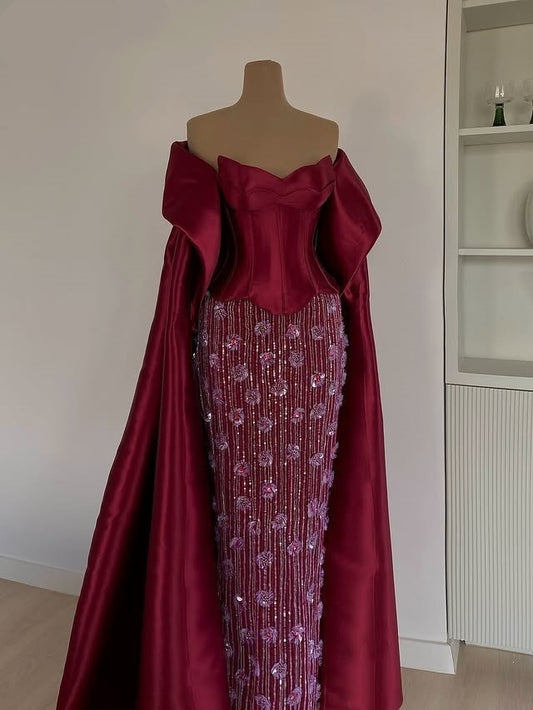 Y2K Style Sheath Strapless Satin Shawl Evening Dresses Sequins Appliques Prom Dress AP6374
