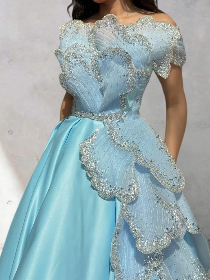 New Tendency Off-Shoulder A-Line Sweet 16th Dresses Sequins Petals Prom Dress AP6376
