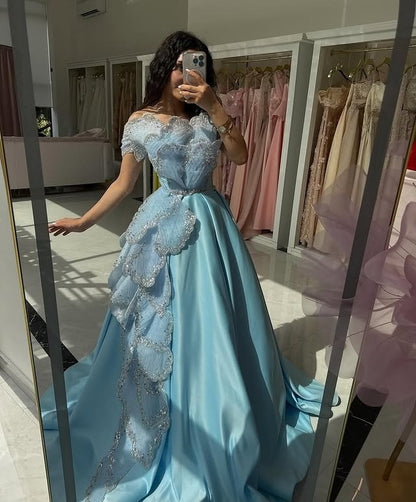 New Tendency Off-Shoulder A-Line Sweet 16th Dresses Sequins Petals Prom Dress AP6376