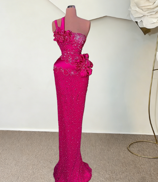 Refined One Shoulder Floral Sheath Evening Gowns Sequins Crystals Prom Dress AP6380