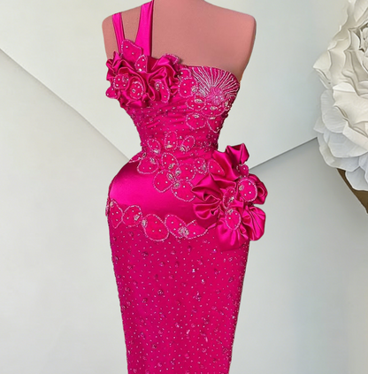 Refined One Shoulder Floral Sheath Evening Gowns Sequins Crystals Prom Dress AP6380