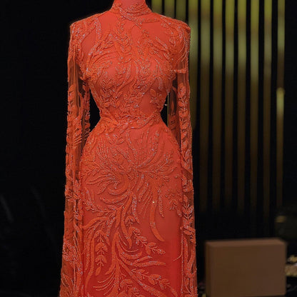 Beautiful Long Sleeve High Collar Evening Dress Beads Sheath Prom Dress AP6381