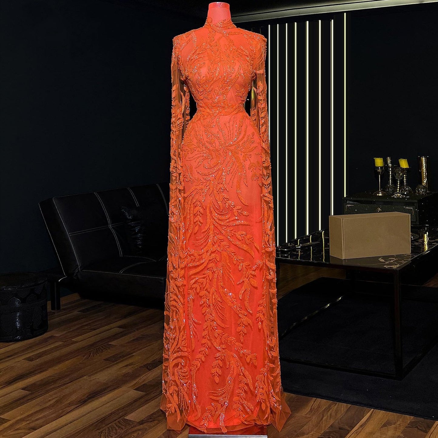 Beautiful Long Sleeve High Collar Evening Dress Beads Sheath Prom Dress AP6381
