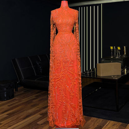Beautiful Long Sleeve High Collar Evening Dress Beads Sheath Prom Dress AP6381