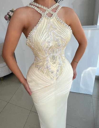 Enchanting Sheath Evening Gowns Halter Neck Beading Sequins Prom Dress AP6382