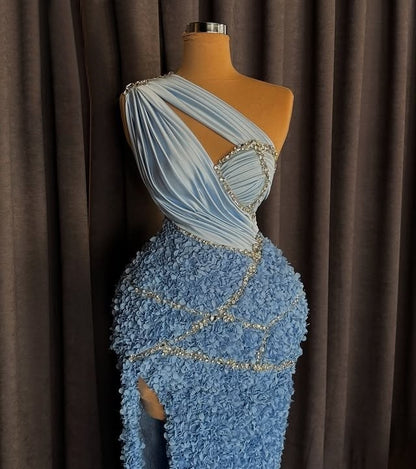 Amazing One Shoulder Cutout Sheath Evening Dress Beading High Slit Prom Dress AP6385