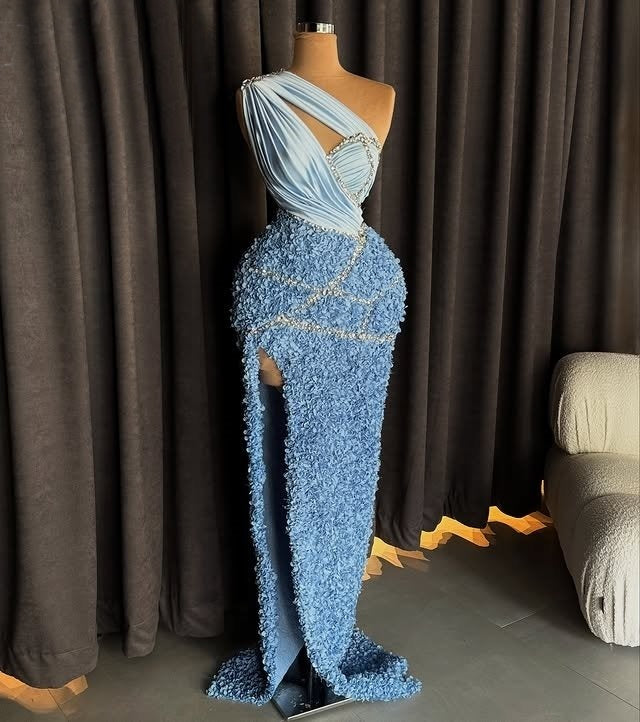 Amazing One Shoulder Cutout Sheath Evening Dress Beading High Slit Prom Dress AP6385