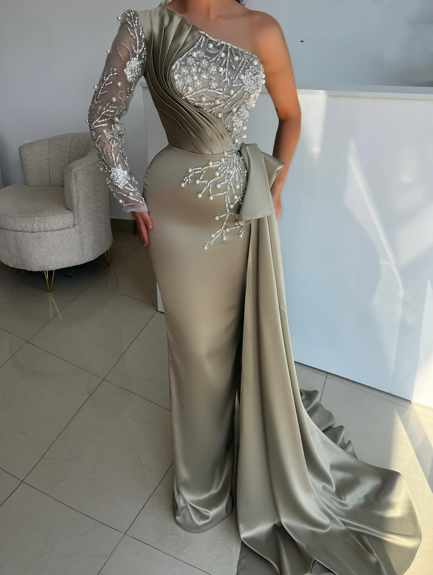 Appealing One Shoulder Sheath Evening Dress Sequins Beads Long Sleeve Prom Dress AP6386