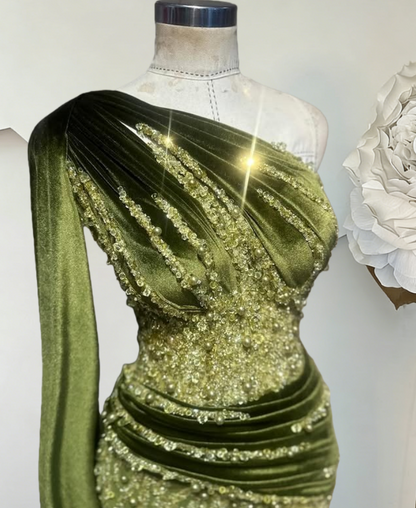 Fascinating One Shoulder Sheath Evening Dress Sequins Beading Green Prom Dress AP6387