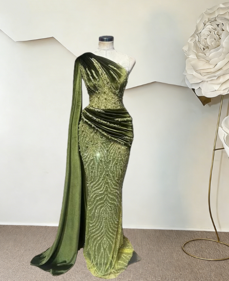 Fascinating One Shoulder Sheath Evening Dress Sequins Beading Green Prom Dress AP6387