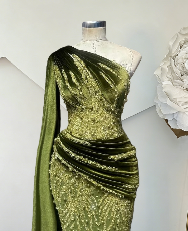 Fascinating One Shoulder Sheath Evening Dress Sequins Beading Green Prom Dress AP6387