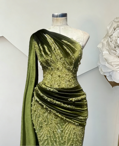 Fascinating One Shoulder Sheath Evening Dress Sequins Beading Green Prom Dress AP6387