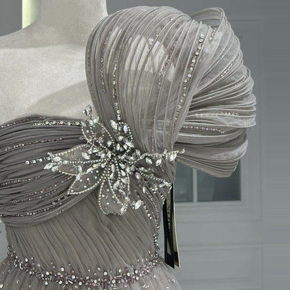 Shiny A-Line One Shoulder Tulle Sweet 16th Gowns Crystals Sequins Prom Dress AP6390