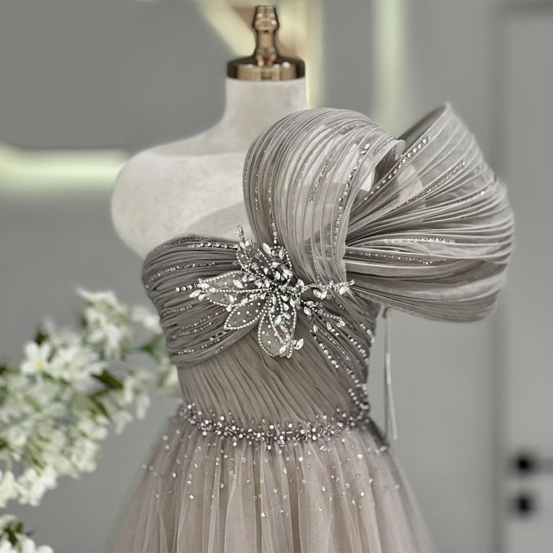 Shiny A-Line One Shoulder Tulle Sweet 16th Gowns Crystals Sequins Prom Dress AP6390