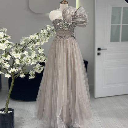 Shiny A-Line One Shoulder Tulle Sweet 16th Gowns Crystals Sequins Prom Dress AP6390