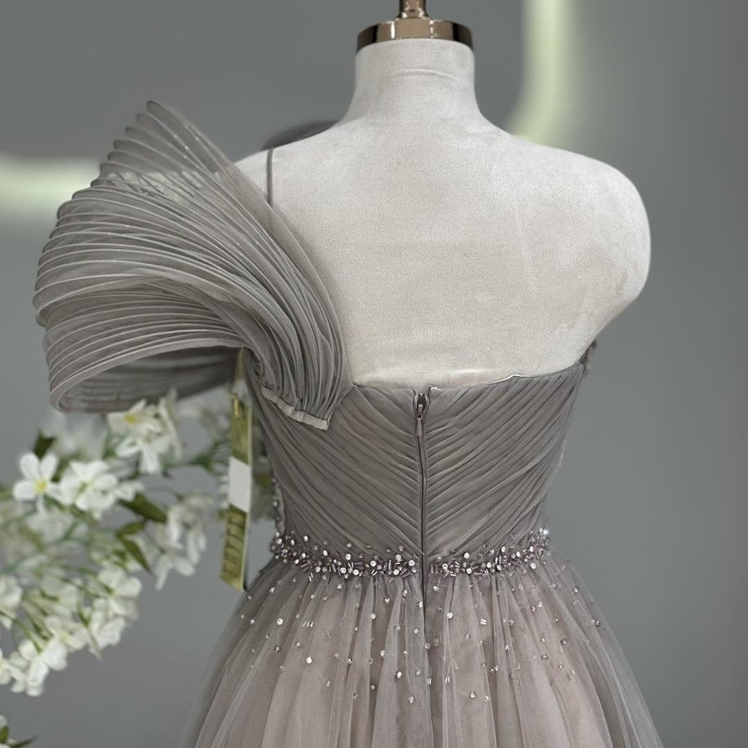 Shiny A-Line One Shoulder Tulle Sweet 16th Gowns Crystals Sequins Prom Dress AP6390