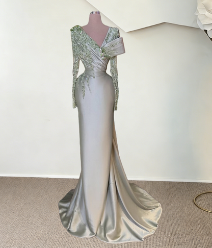 Avant-Garde V Neck Long Sleeve Evening Dress Beading Sheath Satin Prom Dress AP6391