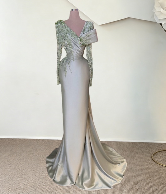 Avant-Garde V Neck Long Sleeve Evening Dress Beading Sheath Satin Prom Dress AP6391