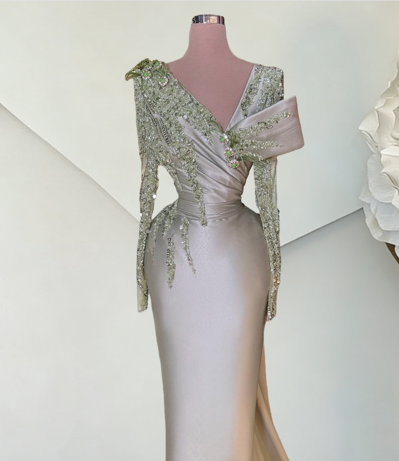 Avant-Garde V Neck Long Sleeve Evening Dress Beading Sheath Satin Prom Dress AP6391