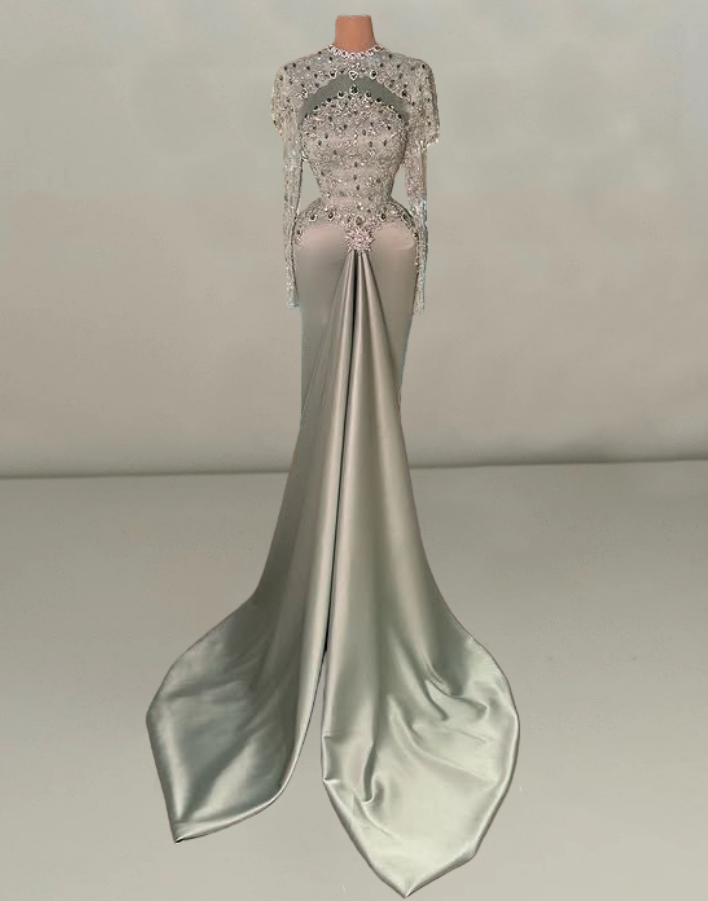 Eye-Catching Jewel Neck Long Sleeve Evening Dress Rhinestones Beading Sheath Satin Prom Dress AP6392