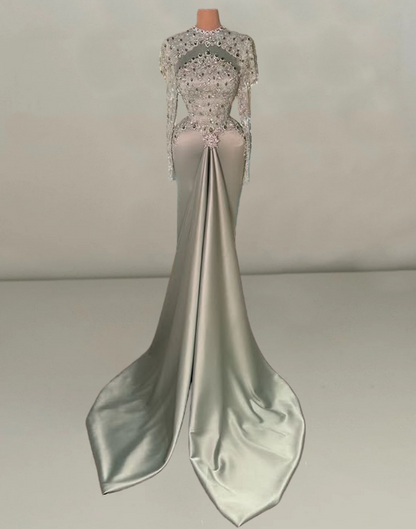 Eye-Catching Jewel Neck Long Sleeve Evening Dress Rhinestones Beading Sheath Satin Prom Dress AP6392