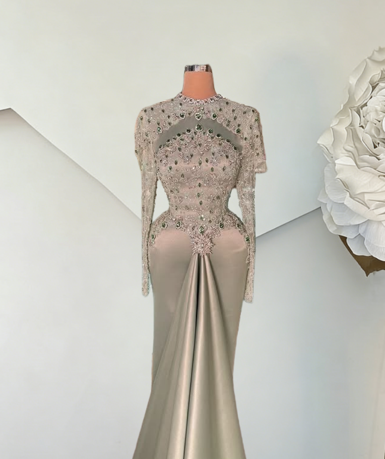 Eye-Catching Jewel Neck Long Sleeve Evening Dress Rhinestones Beading Sheath Satin Prom Dress AP6392