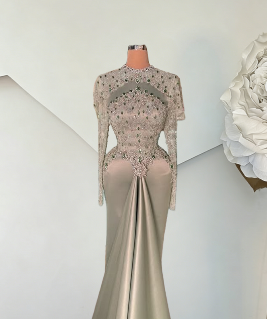 Eye-Catching Jewel Neck Long Sleeve Evening Dress Rhinestones Beading Sheath Satin Prom Dress AP6392