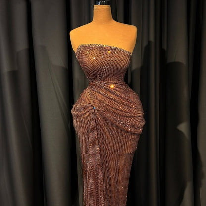 Dainty Sheath Strapless Gathered Evening Dresses Sequins Prom Dress AP6395