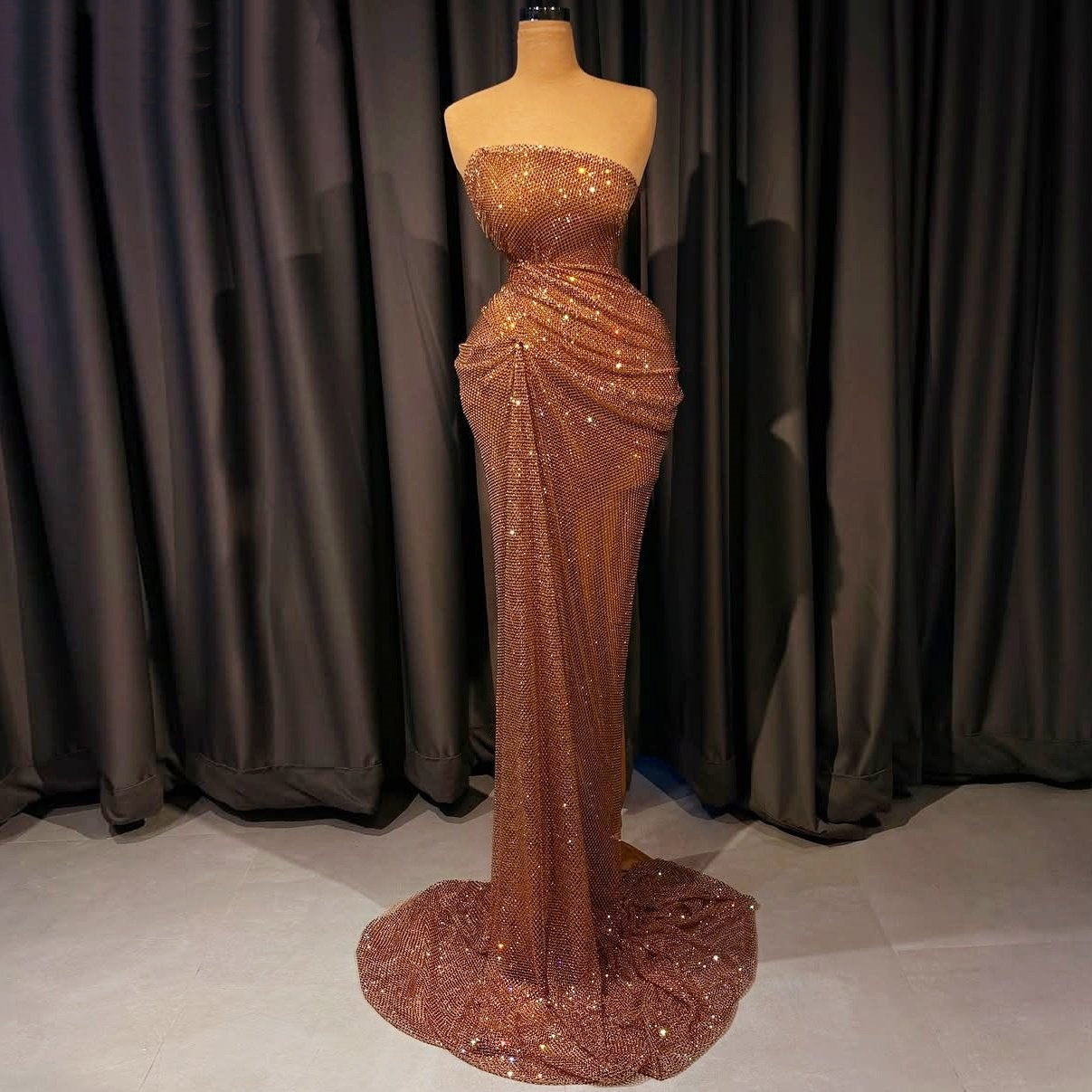 Dainty Sheath Strapless Gathered Evening Dresses Sequins Prom Dress AP6395
