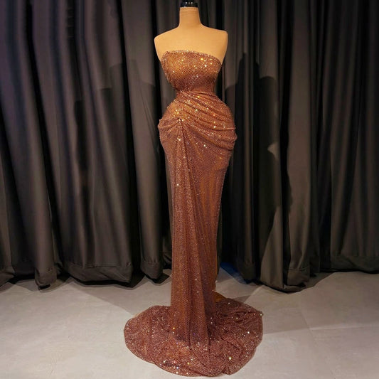 Dainty Sheath Strapless Gathered Evening Dresses Sequins Prom Dress AP6395
