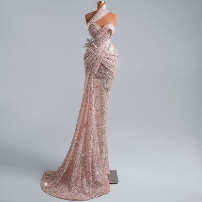 Cozy Sheath Evening Gowns Halter Neck Lace Sequins Prom Dress AP6396
