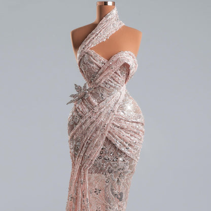 Cozy Sheath Evening Gowns Halter Neck Lace Sequins Prom Dress AP6396