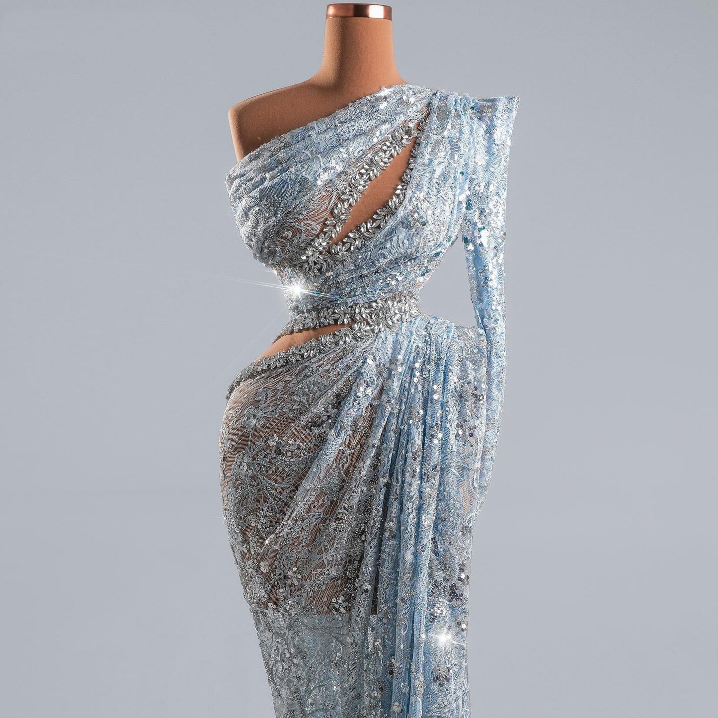 Romantic One Shoulder Long Sleeve Lace Sequins Evening Dress Crystals Sheath Prom Dress AP6397