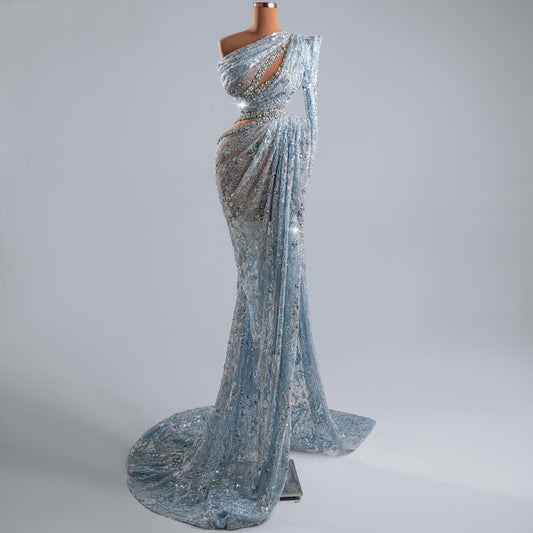 Romantic One Shoulder Long Sleeve Lace Sequins Evening Dress Crystals Sheath Prom Dress AP6397