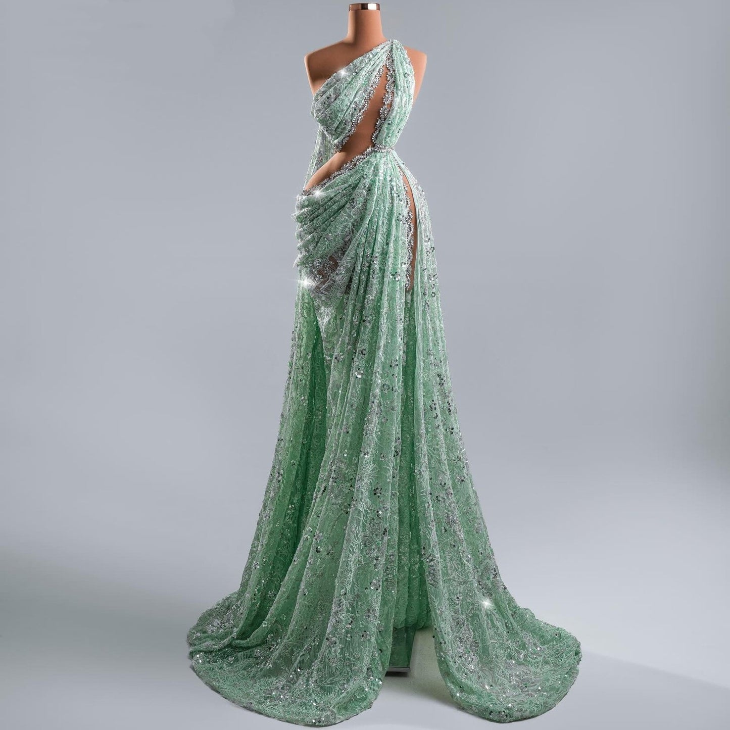 Ornate One Shoulder Cutout Crystals Evening Dress Lace Sequins Sheath High Slit Prom Dress AP6398